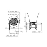 Black on white technical drawing of a light fixture with dimensions labeled
