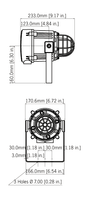 Black on white technical drawing depicting product dimensions.