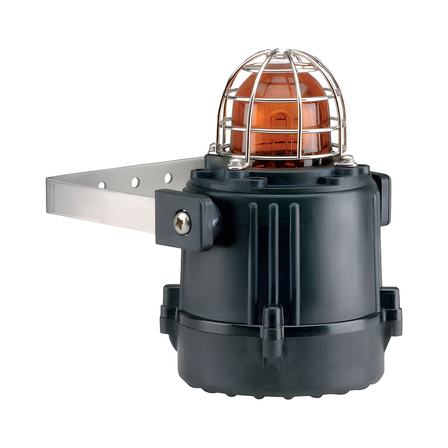An explosion proof Xenon strobe beacon with a black casing and a protective cage around the light source.