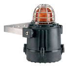An explosion proof Xenon strobe beacon with a black casing and a protective cage around the light source.