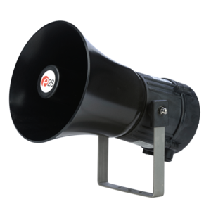 Black E2xL25F PA loudspeaker with a re-entrant flare horn, suitable for hazardous environments, featuring a mounting bracket and a logo on the front.