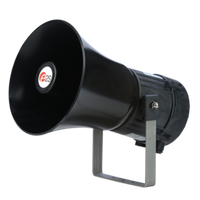 Black E2xL25F PA loudspeaker with a re-entrant flare horn, suitable for hazardous environments, featuring a mounting bracket and a logo on the front.