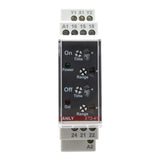 Front perspective of a white DIN rail timer with four dials and two light indicators on a white background.