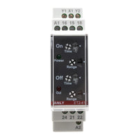 Front perspective of a white DIN rail timer with four dials and two light indicators on a white background.