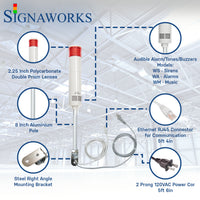 Red pole-mounted industrial signal light with ethernet and power cable exiting from the bottom on a white background. Bubbles surround the light itself to highlight the lens, alarm/buzzer, aluminum pole, ethernet cable, right angle steel bracket and 2-prong power cord.