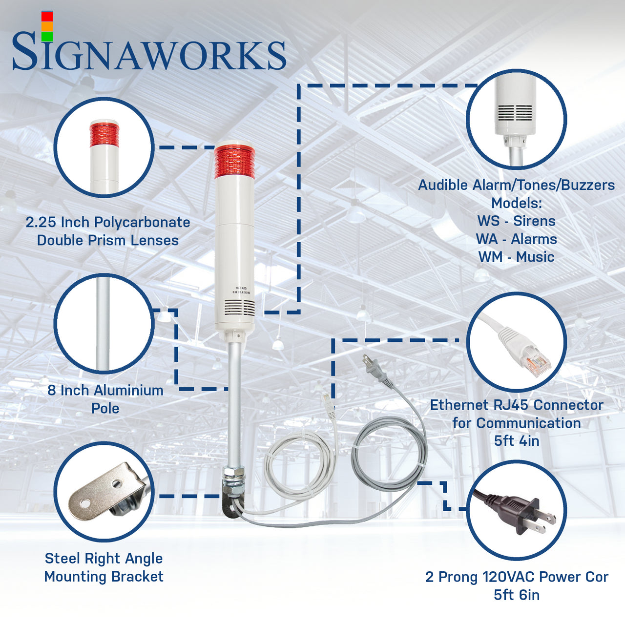 Red pole-mounted industrial signal light with ethernet and power cable exiting from the bottom on a white background. Bubbles surround the light itself to highlight the lens, alarm/buzzer, aluminum pole, ethernet cable, right angle steel bracket and 2-prong power cord.