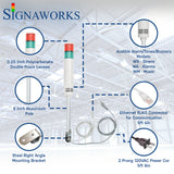 Two-color pole-mounted industrial signal light with ethernet and power cable exiting from the bottom; Red-Green on a white background. Bubbles surround the light itself to highlight the lens, alarm/buzzer, aluminum pole, ethernet cable, right angle steel bracket and 2-prong power cord.