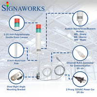 Two-color pole-mounted industrial signal light with ethernet and power cable exiting from the bottom; Red-Green on a white background. Bubbles surround the light itself to highlight the lens, alarm/buzzer, aluminum pole, ethernet cable, right angle steel bracket and 2-prong power cord.