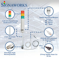 Three-color pole-mounted industrial signal light with ethernet and power cable exiting from the bottom; Red-Amber-Green on a white background. Bubbles surround the light itself to highlight the lens, alarm/buzzer, aluminum pole, ethernet cable, right angle steel bracket and 2-prong power cord.