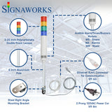 Four-color pole-mounted industrial signal light with ethernet and power cable exiting from the bottom; Red-Amber-Green-Blue on a white background. Bubbles surround the light itself to highlight the lens, alarm/buzzer, aluminum pole, ethernet cable, right angle steel bracket and 2-prong power cord.
