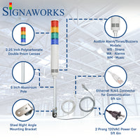 Four-color pole-mounted industrial signal light with ethernet and power cable exiting from the bottom; Red-Amber-Green-Blue on a white background. Bubbles surround the light itself to highlight the lens, alarm/buzzer, aluminum pole, ethernet cable, right angle steel bracket and 2-prong power cord.