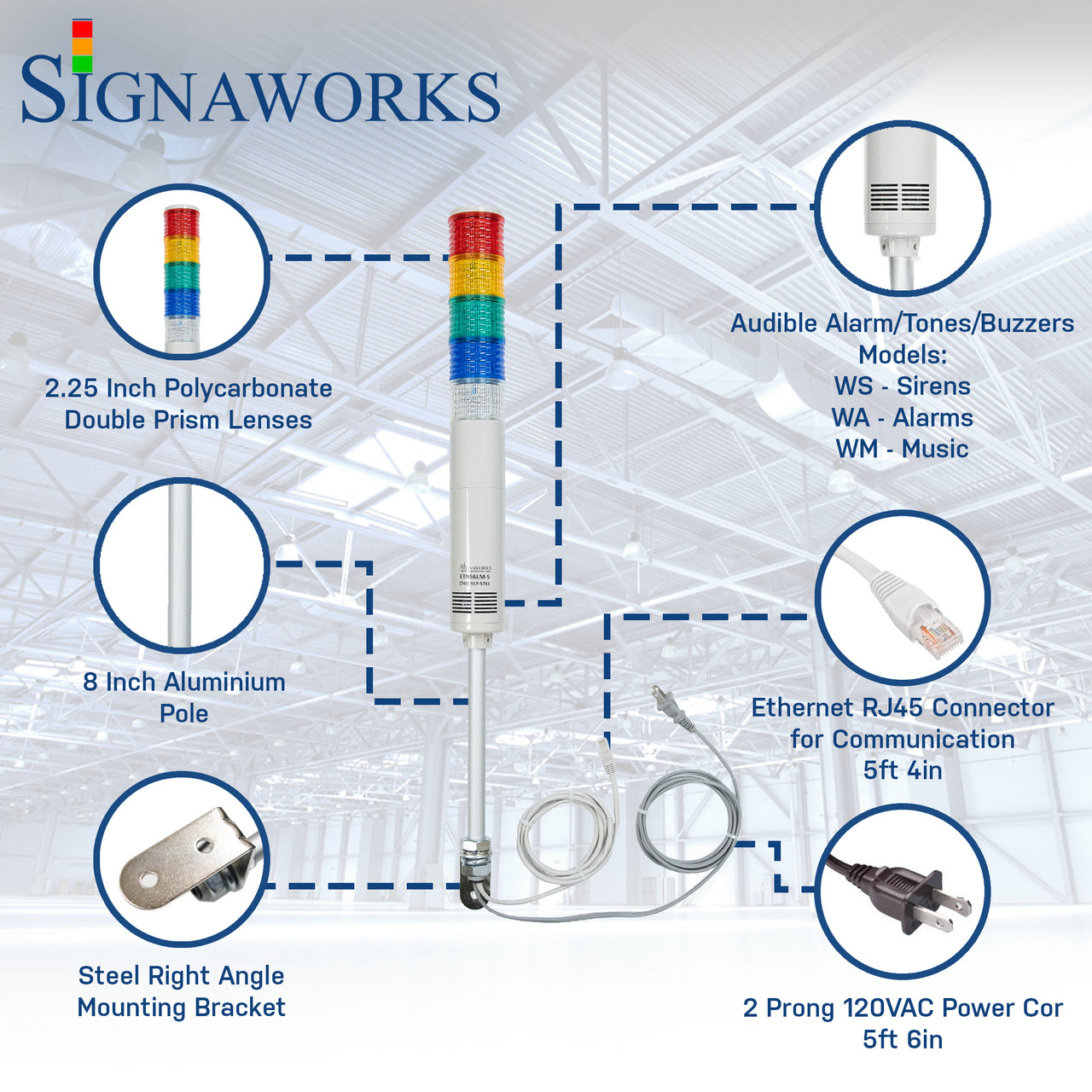 Five-color pole-mounted industrial signal light with ethernet and power cable exiting from the bottom; Red-Amber-Green-Blue-White on a white background. Bubbles surround the light itself to highlight the lens, alarm/buzzer, aluminum pole, ethernet cable, right angle steel bracket and 2-prong power cord.