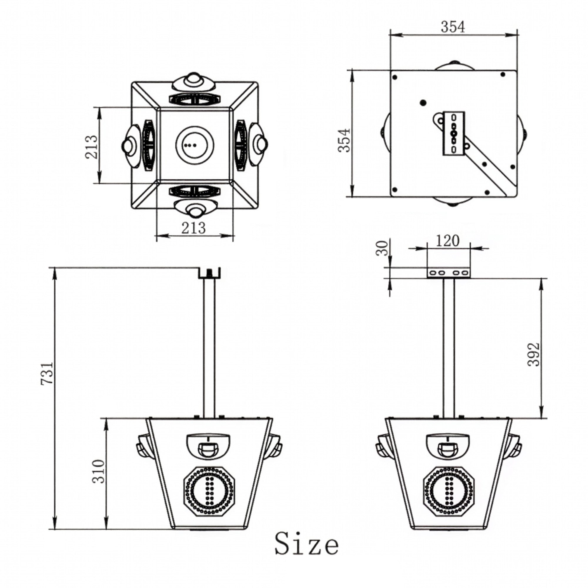 Black on white technical drawing of a product with dimensions labeled.