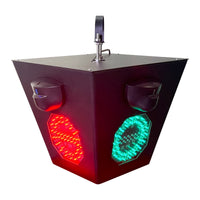 Modern traffic light with red and green lights on a white background.