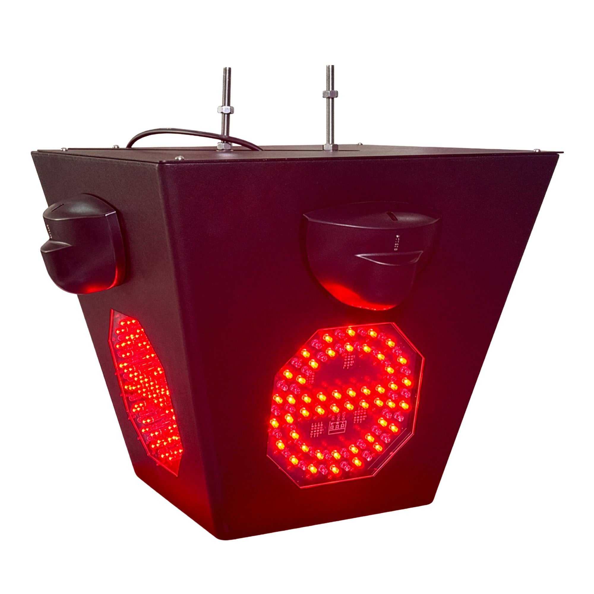 Red traffic detecting light with two illuminated red signal on a white background.