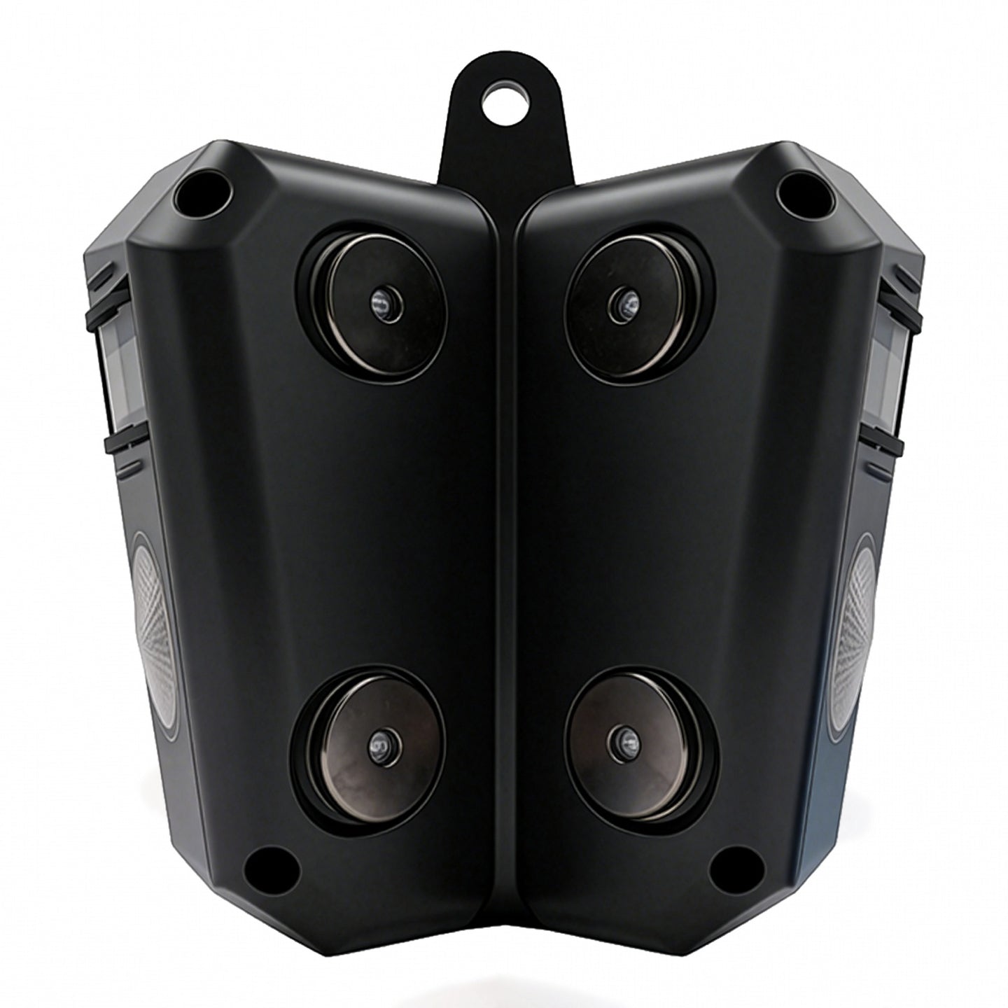 Black outdoor security camera on a white background