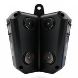Black outdoor security camera on a white background