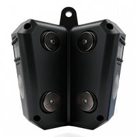Black outdoor security camera on a white background