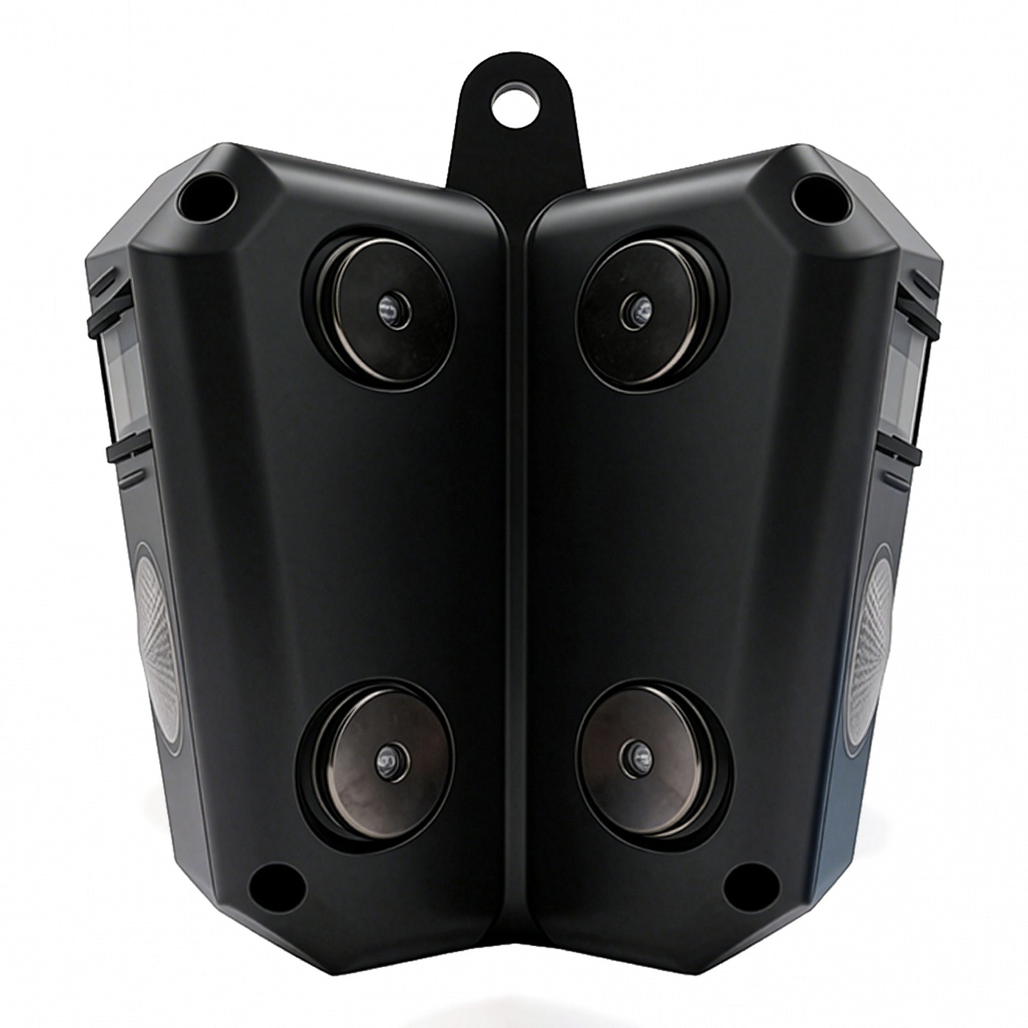 Black outdoor security camera on a white background