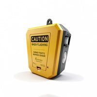Corner traffic warning sensor with 'Caution When Flashing' label on a white background