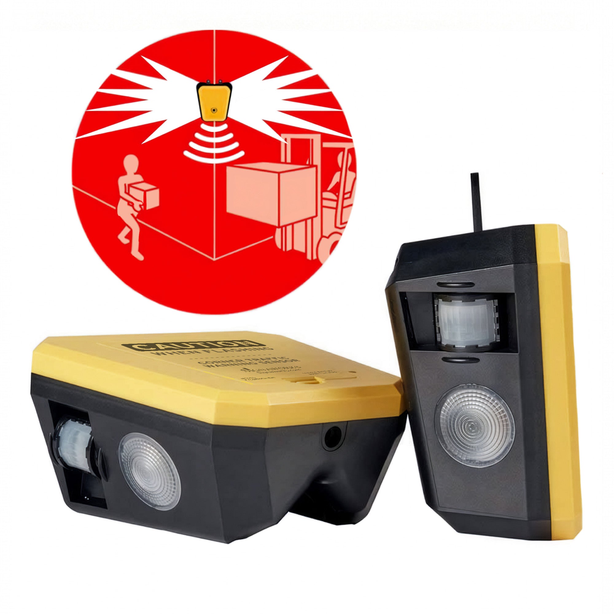 Two electronic devices with a red warning icon above them on a white background