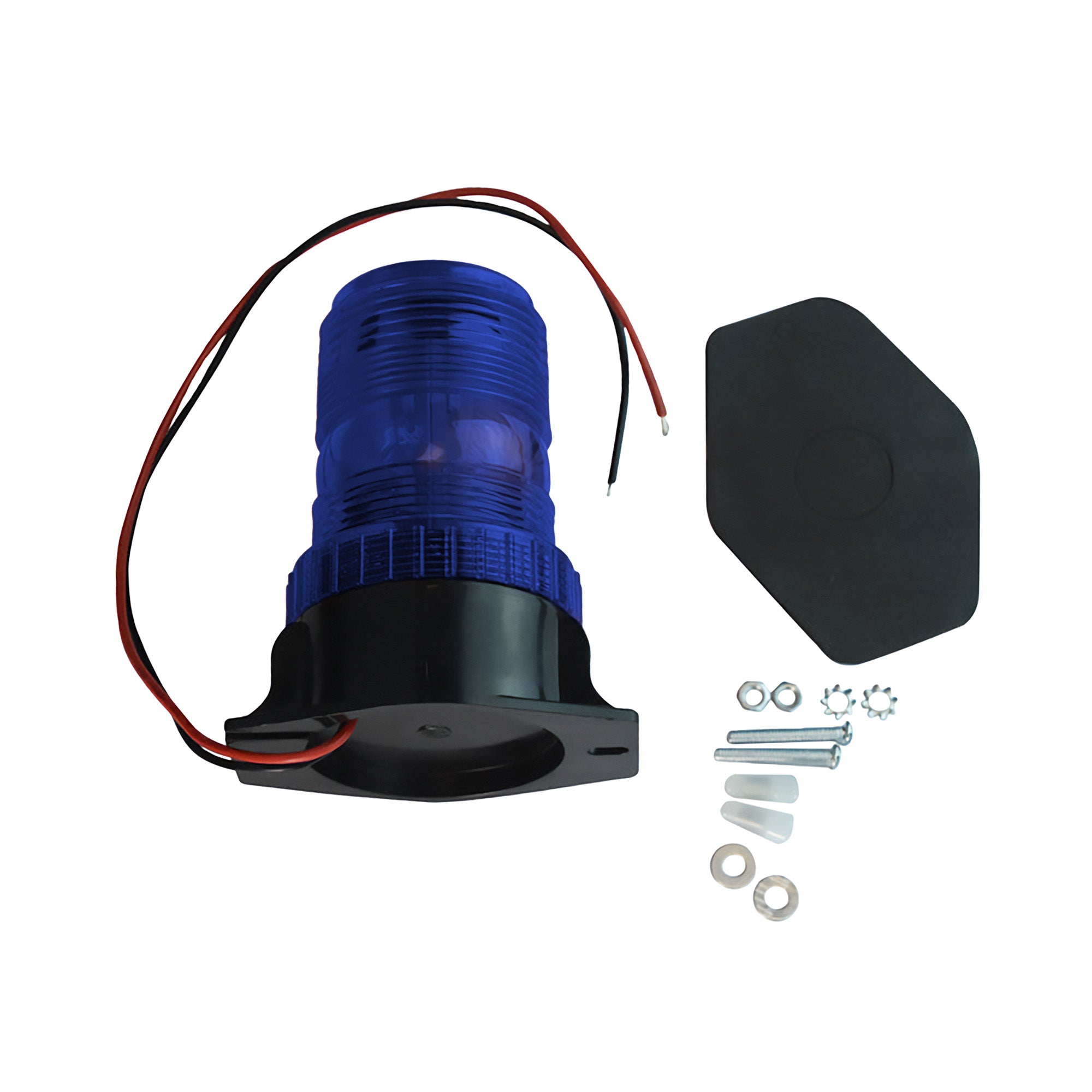 Blue warning light with accompanying rubber gasket and hardware on a white background.