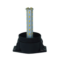 Black cylindrical light fixture with a central LED component on a white background.