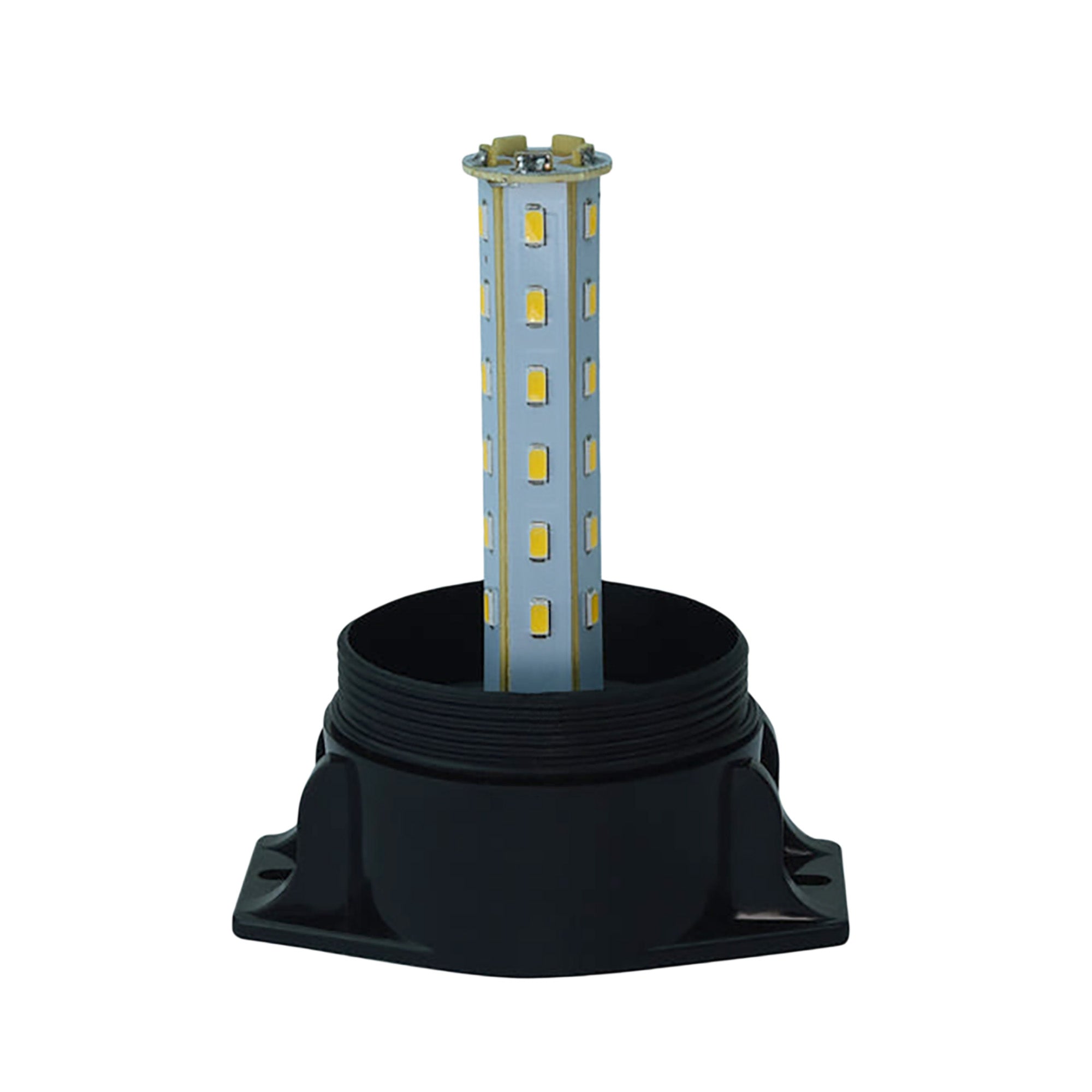 Black cylindrical light fixture with a central LED component on a white background.