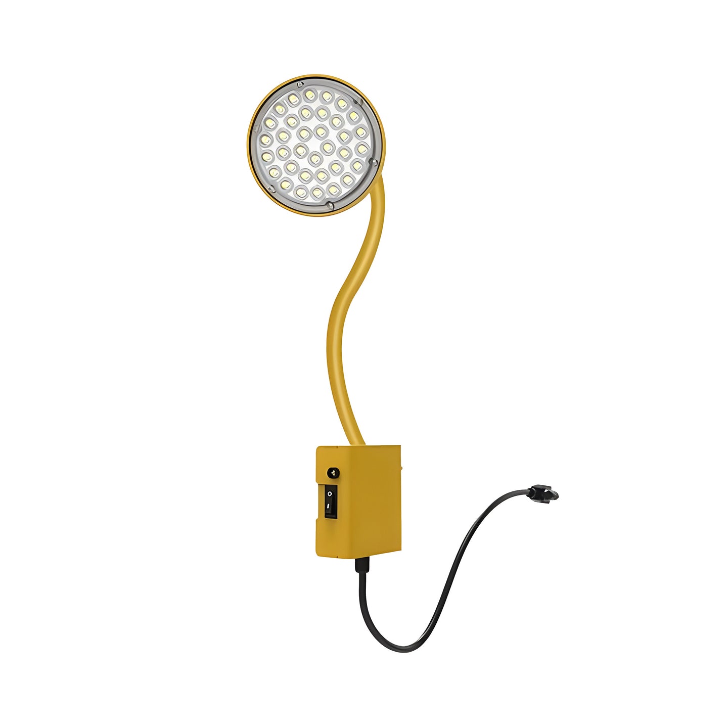 A 27-inch LED gooseneck dock light with a yellow durable aluminum housing and flexible neck, featuring an integrated LED lamp head and built-in rocker switch on the mounting box.