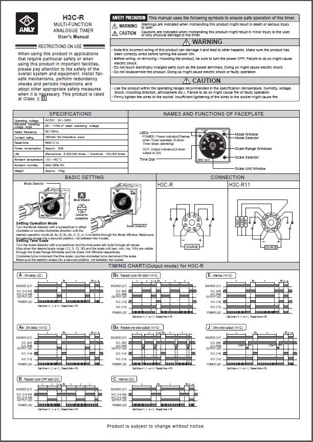 A black on white user manual of the timer including settings, specs and wiring diagram.