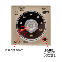Timer dial with graphics depicting setting adjustments on a white background.