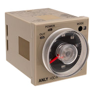 Analog panel mount timer with a dial and light indicators, labeled 'H3C-R' model.