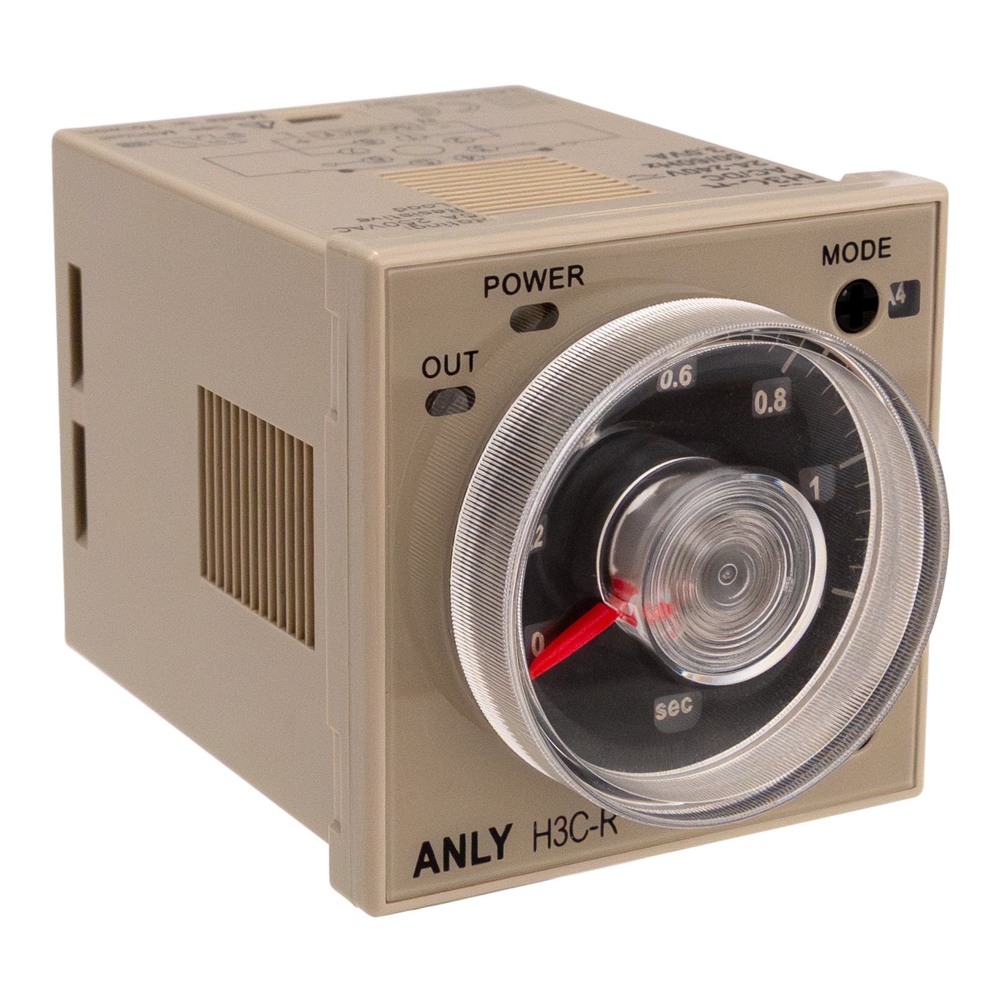 Analog panel mount timer with a dial and light indicators, labeled 'H3C-R' model.