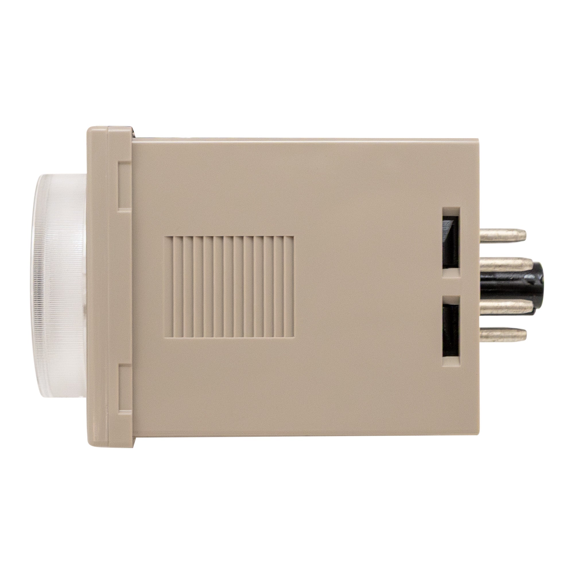 Tan timer with clear dial on left and metal pins on right.