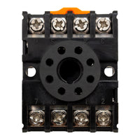 Black plastic plate with orange clip on top and 8 labeled wire terminals.