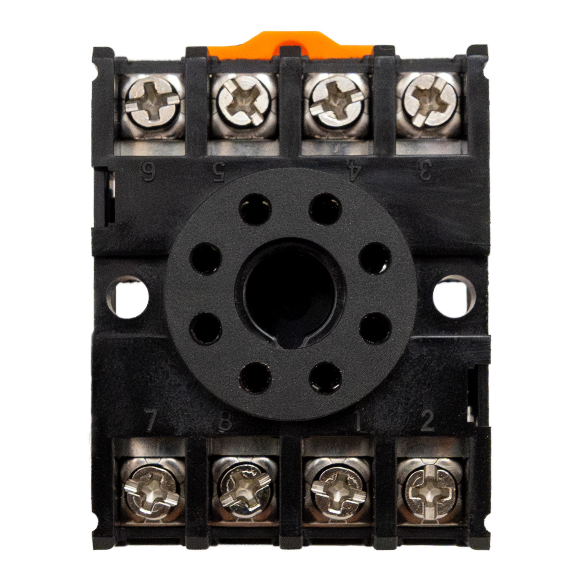 Black plastic plate with orange clip on top and 8 labeled wire terminals.