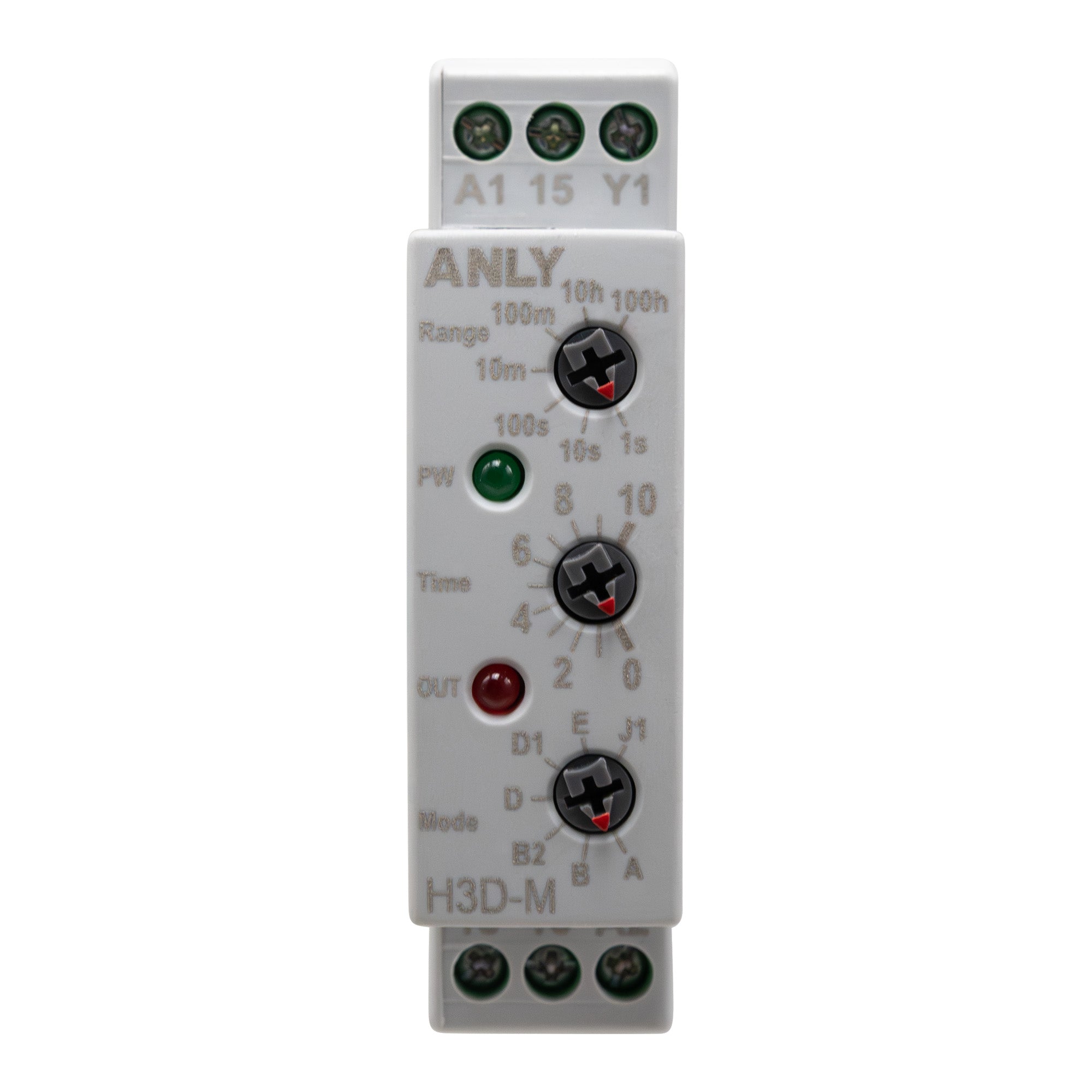 Front perspective of grey timer with 3 dials for mode time and range with 3 indicator lights.