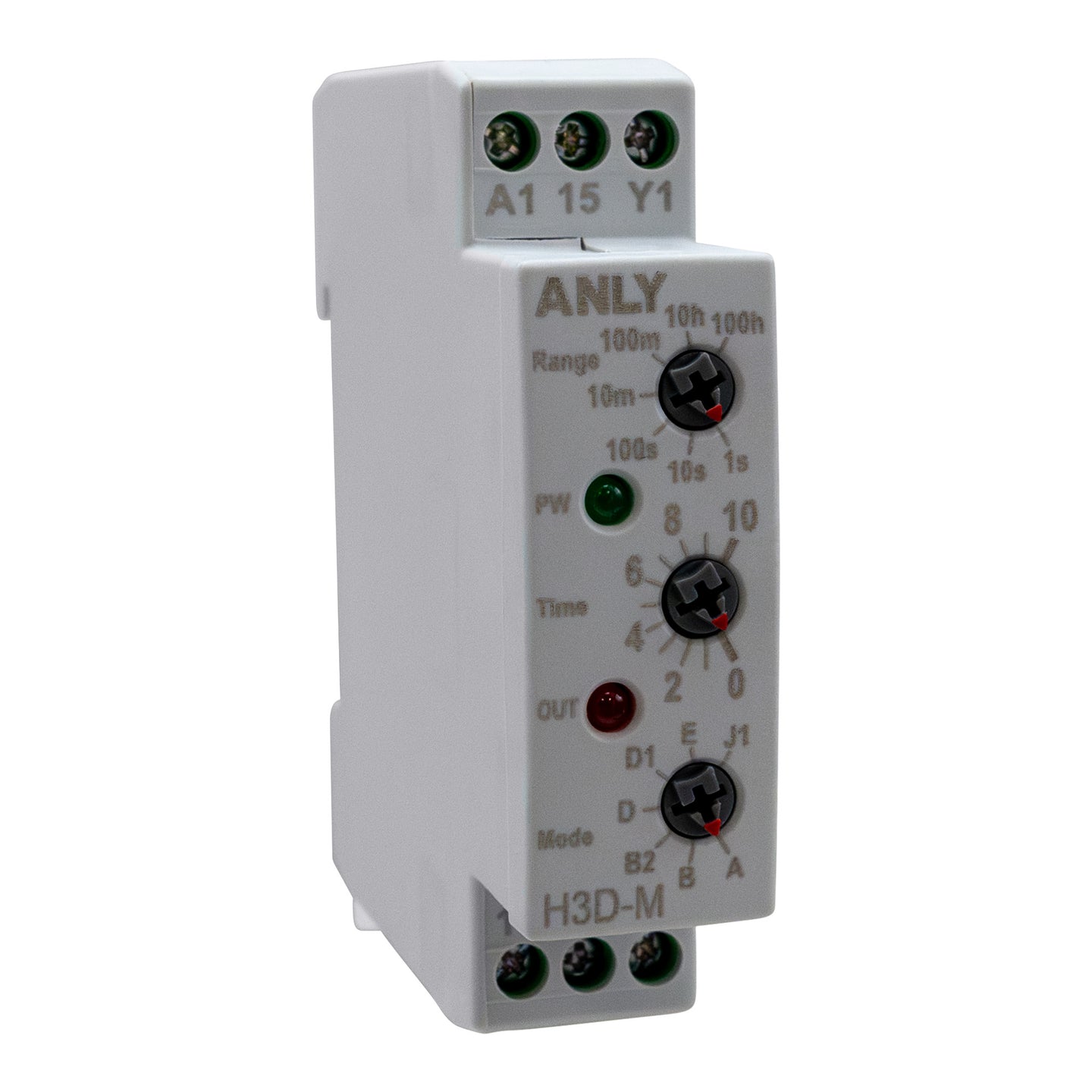 Front angled perspective of grey timer with 3 dials for mode time and range with 3 indicator lights.