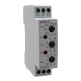 Front angled perspective of grey timer with 3 dials for mode time and range with 3 indicator lights.