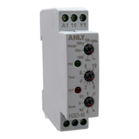 Front angled perspective of grey timer with 3 dials for mode time and range with 3 indicator lights.