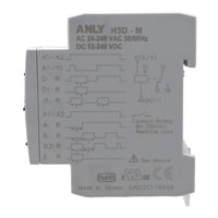 Side profile of grey timer with 3 dials for mode time and range with 3 indicator lights.