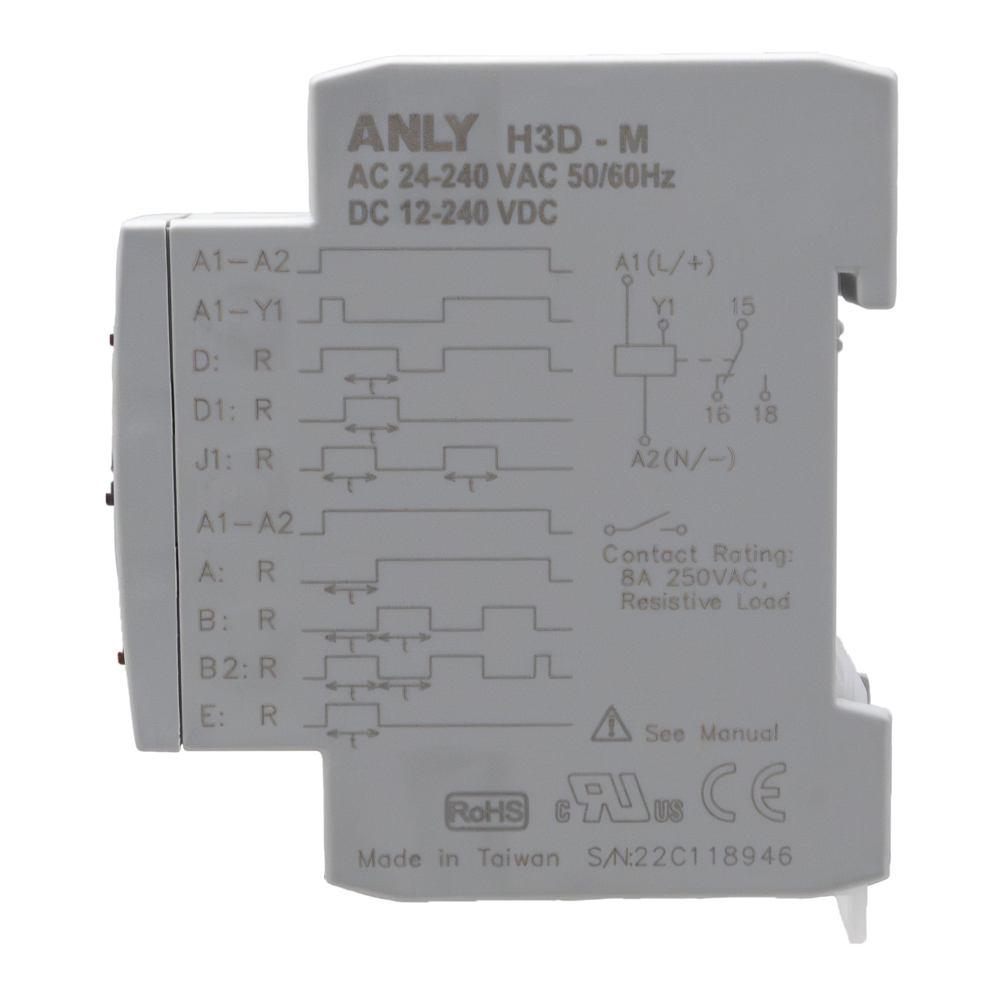 Side profile of grey timer with 3 dials for mode time and range with 3 indicator lights.