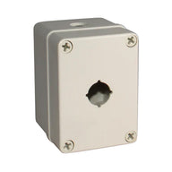 Enlarged light grey push button box with single hole; held together with 4 phillips head screws on a white background.