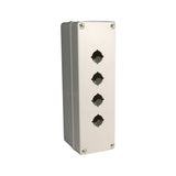 Light grey push button box with four holes; held together with 4 phillips head screws on a white background.