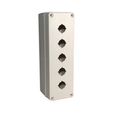 Light grey push button box with five holes; held together with 4 phillips head screws on a white background.