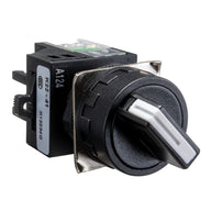 A black maintained 2 position toggle switch in off position with a label indicating 22mm size and electrical details.