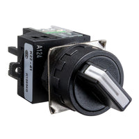 A black maintained 2 position toggle switch in off position with a label indicating 22mm size and electrical details.