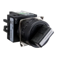 A black maintained 2 position toggle switch in on position with a label indicating 22mm size and electrical details.