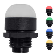 A collection of the 30mm LED pilot lights in red, amber, green and blue on a white background.