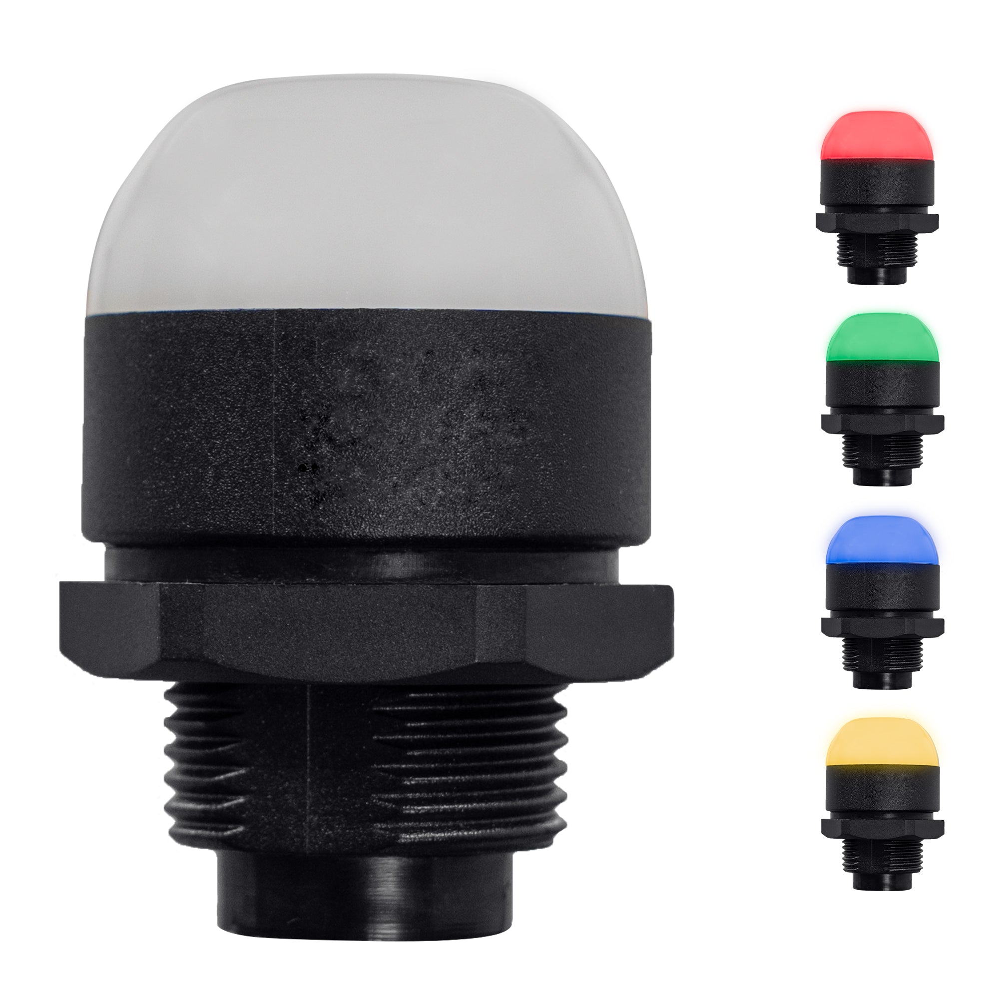 A collection of the 30mm LED pilot lights in red, amber, green and blue on a white background.